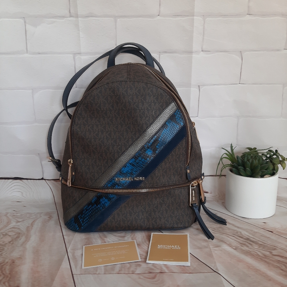 Michael Kors - Rhea Zip Backback Brn- w/navy blue and blue/blk snake skin strip